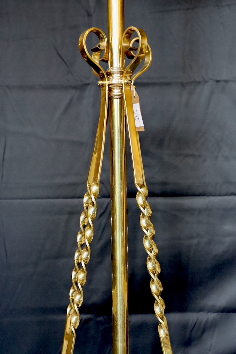 A late 19th century English brass and copper telescopic oil lamp standard converted to electricity, height 145cm. width of base 55cm.